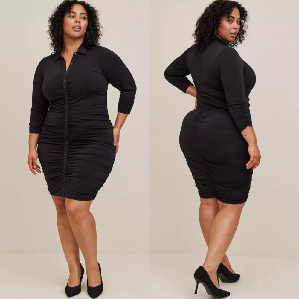 NWT Torrid 3 Black At The Knee Studio Knit Shirred Shirtdress 3X 22 24